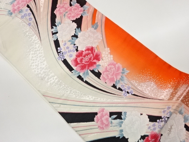 JAPANESE KIMONO / CURVED PEONY PATTERN WOVEN FUKURO OBI